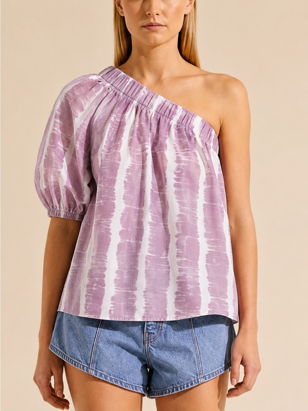 Sofia -made in Italy-Women's One Shoulder Puff Sleeve Blouse - Lilac & White